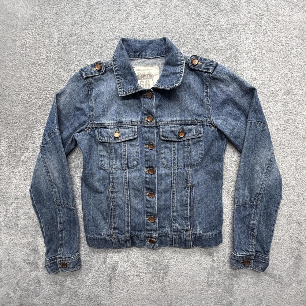 Route 66 Jacket Womens XS Blue Denim Collared Elbow Patch